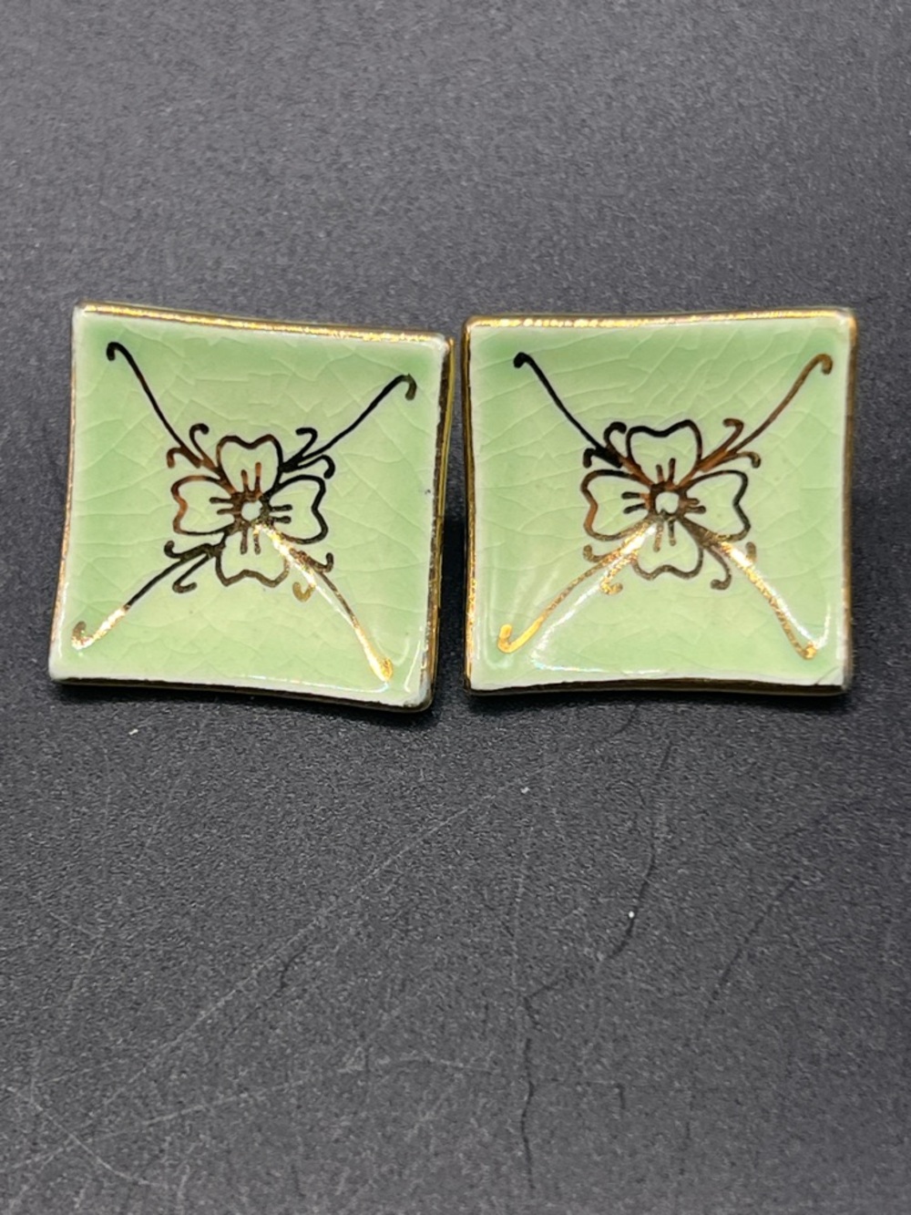 Vintage Pale Green Floral Enamel Square Earrings